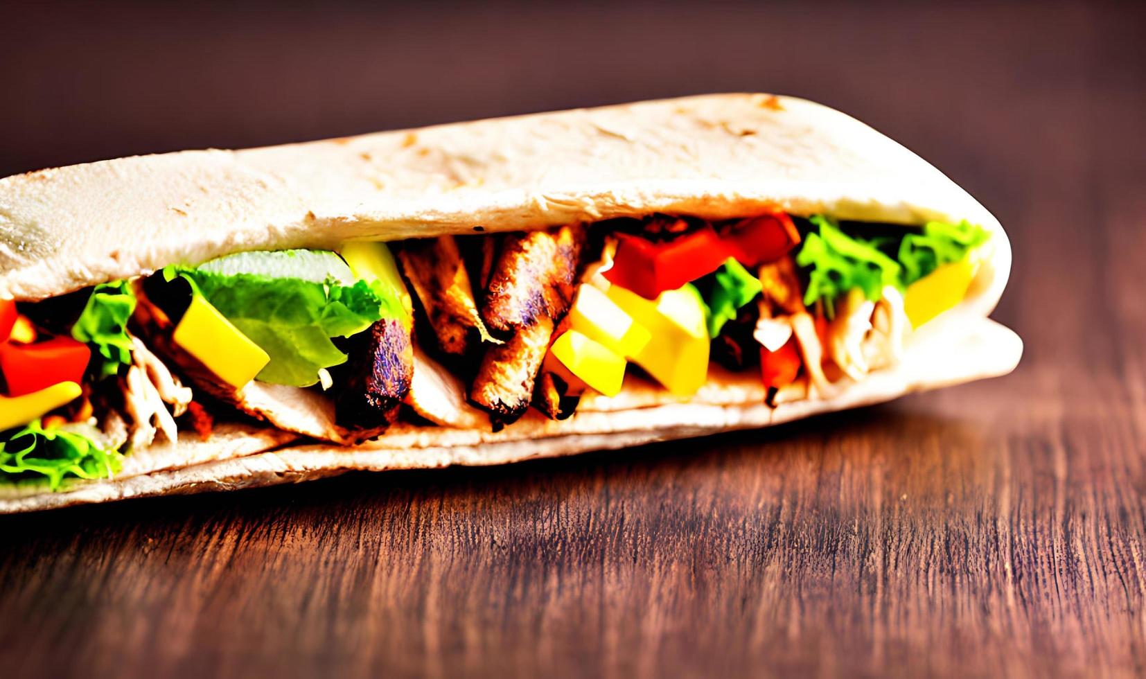 Shawarma. Doner kebab, fresh vegetables and meat. Kebab sandwich close up. photo