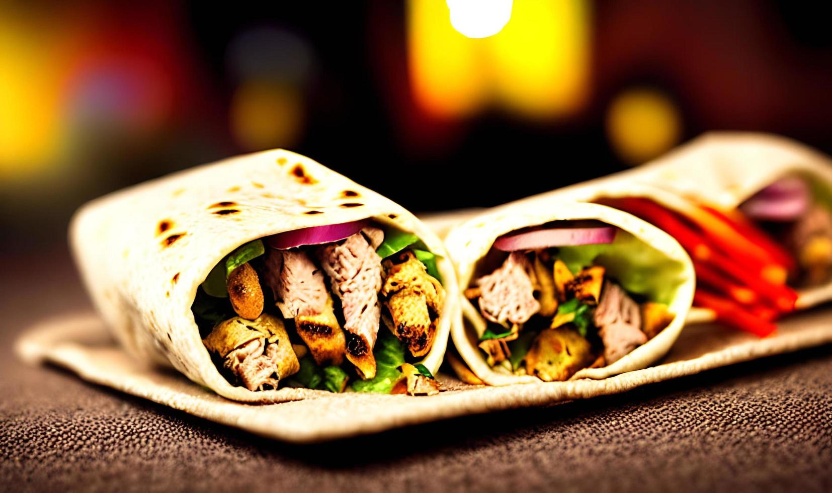 Shawarma. Doner kebab, fresh vegetables and meat. Kebab sandwich close up. photo