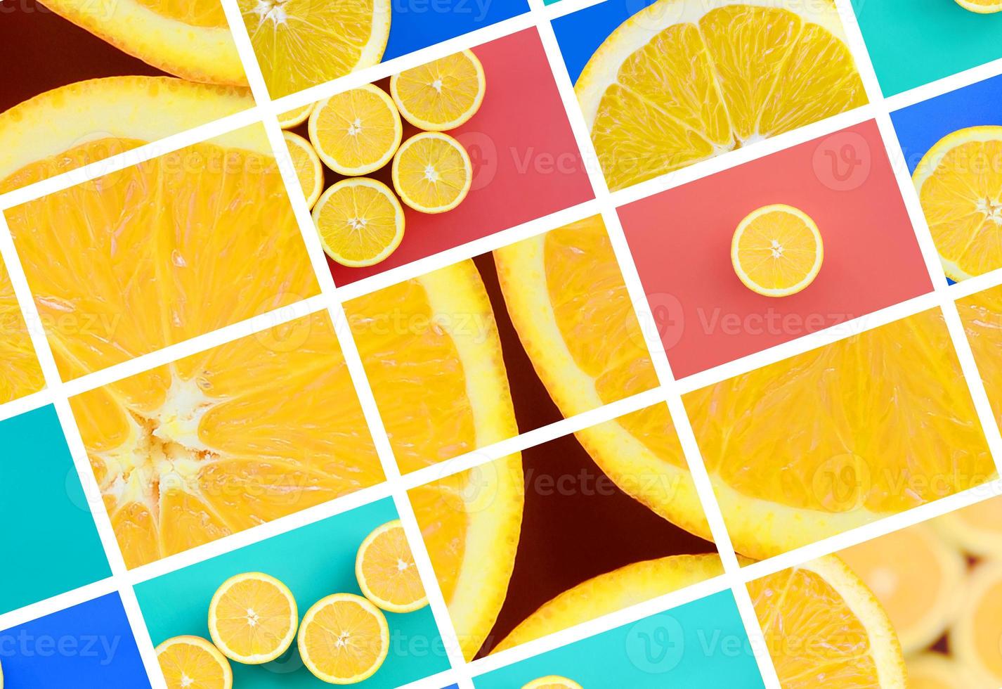 A collage of many pictures with juicy oranges. Set of images with fruits on backgrounds of different colors photo
