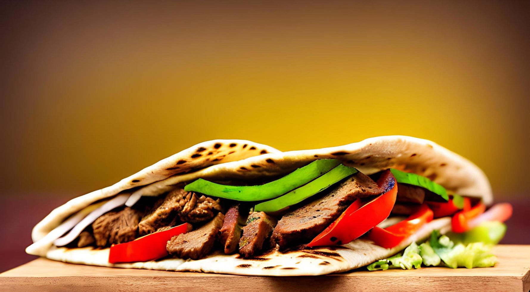 Shawarma. Doner kebab, fresh vegetables and meat. Kebab sandwich close up. photo