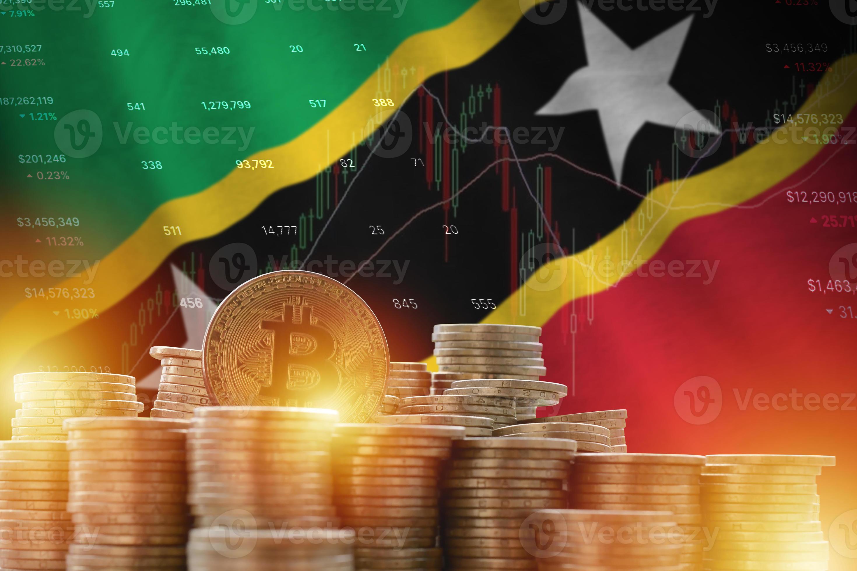 Saint Kitts and Nevis flag and big amount of golden bitcoin coins and
