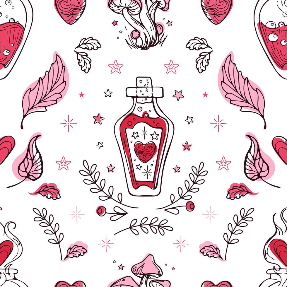 Bright modern pattern for Valentines Day. Boiling magic witch love potion in vial, heart shaped steam, star magic mushrooms. For wallpaper, printing on fabric, wrapping vector