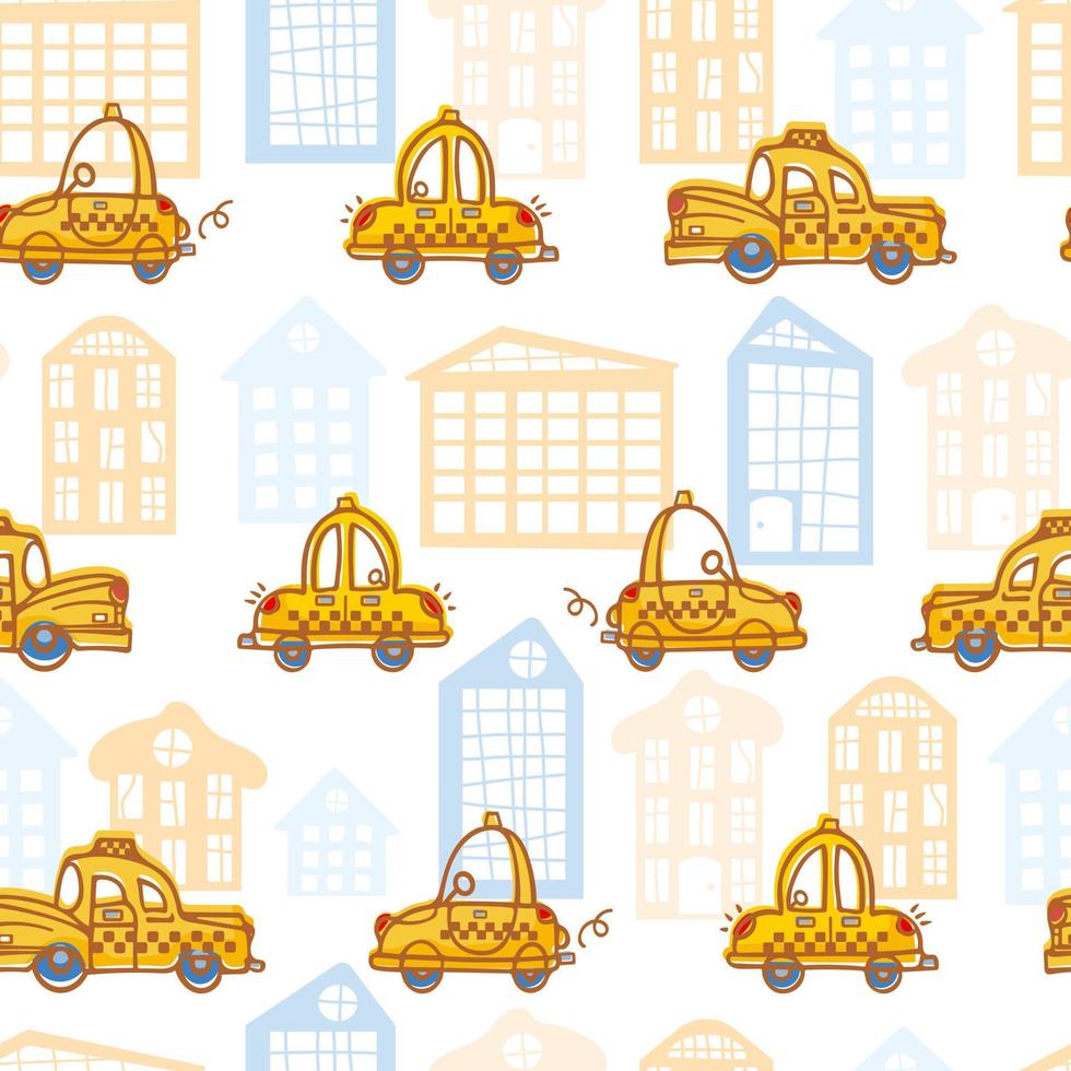 Funny cartoon yellow vintage taxi rides on the road in the city among the houses. Childrens cartoon in scandinavian style. For boys, nursery, wallpaper, stuffing fabric, packaging vector