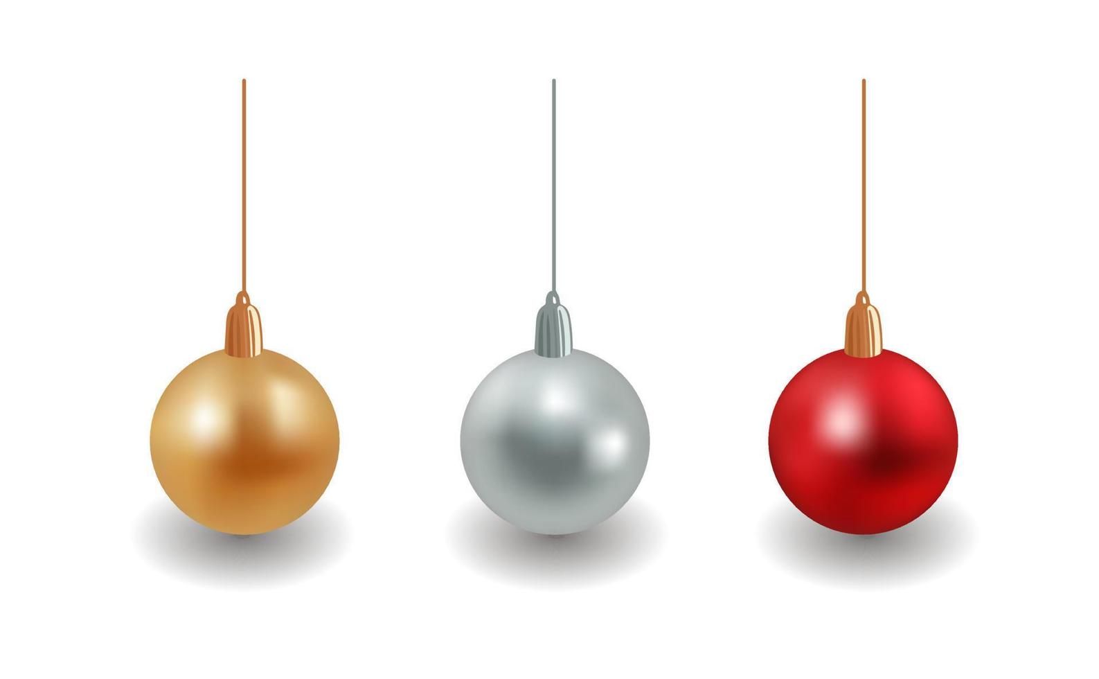 Set of realistic matte Christmas balls with shadows. Red, gold and silver. Isolated vector elements for stickers, posters, postcards, design elements