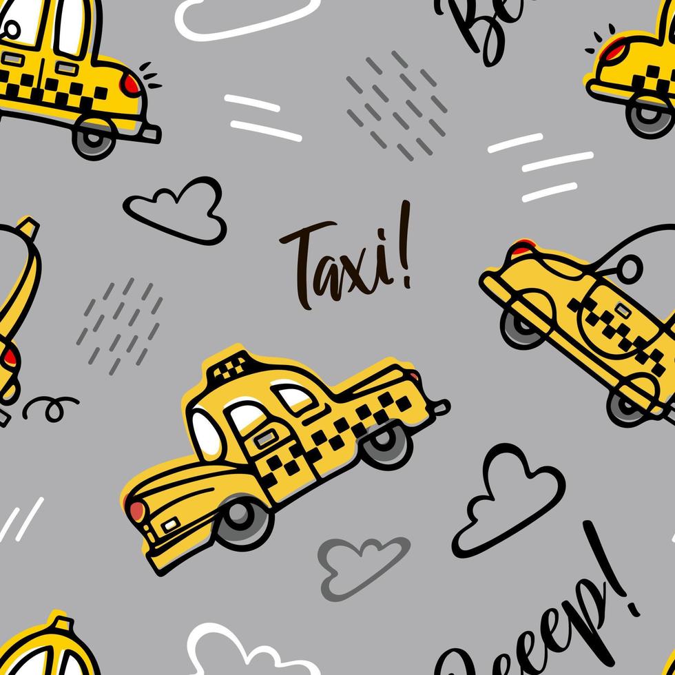 Cute cartoon yellow retro taxis are flying among the clouds on a gray background. Childrens cartoon illustration in doodle style. For boys, nursery, wallpaper, printing fabric, wrapping. vector