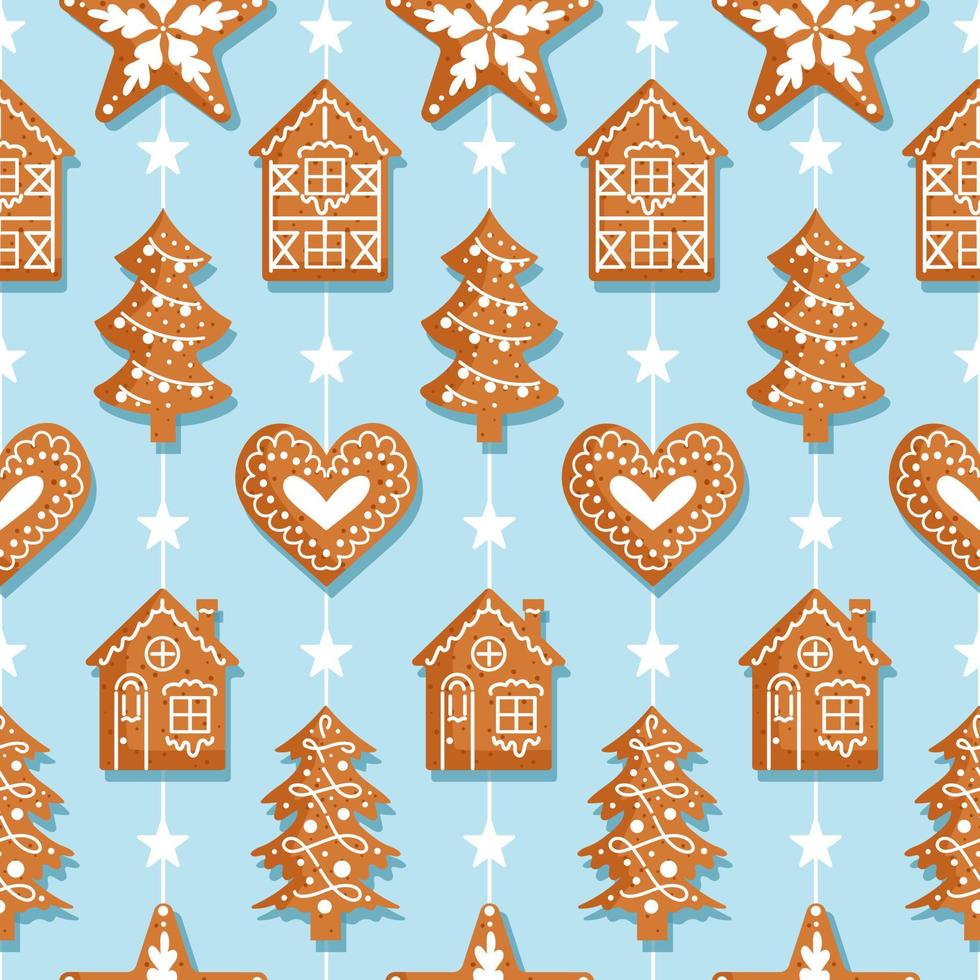 Gingerbread garland decorated with icing lie. Christmas seamless pattern. traditional cookies. Houses, snowflakes, stars and hearts. For wallpaper, printing on fabric, wrapping. vector