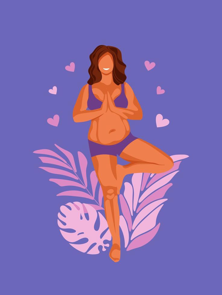 cuerpo positivo. aceptación de ti mismo. la hermosa chica feliz con curvas de tamaño grande se dedica al yoga. feminismo, libertad femenina, poder. ilustración vectorial para carteles impresos, redes sociales, tarjetas. vector