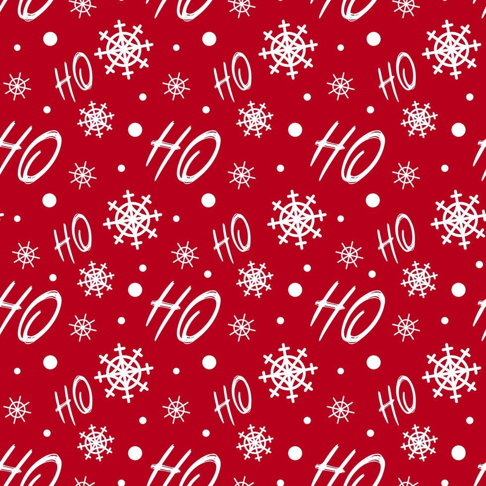 brillante patrón navideño. copos de nieve blancos, la inscripción ho-ho sobre un fondo rojo. año nuevo, papá noel. para papel tapiz, impresión en tela, envoltura, fondo. vector