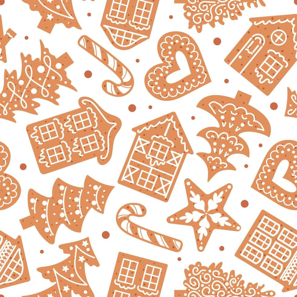 Gingerbread decorated with icing. On a white background. Christmas seamless pattern. traditional cookies. Houses, candy cane, snowflakes and hearts. For wallpaper, fabric, wrapping. vector