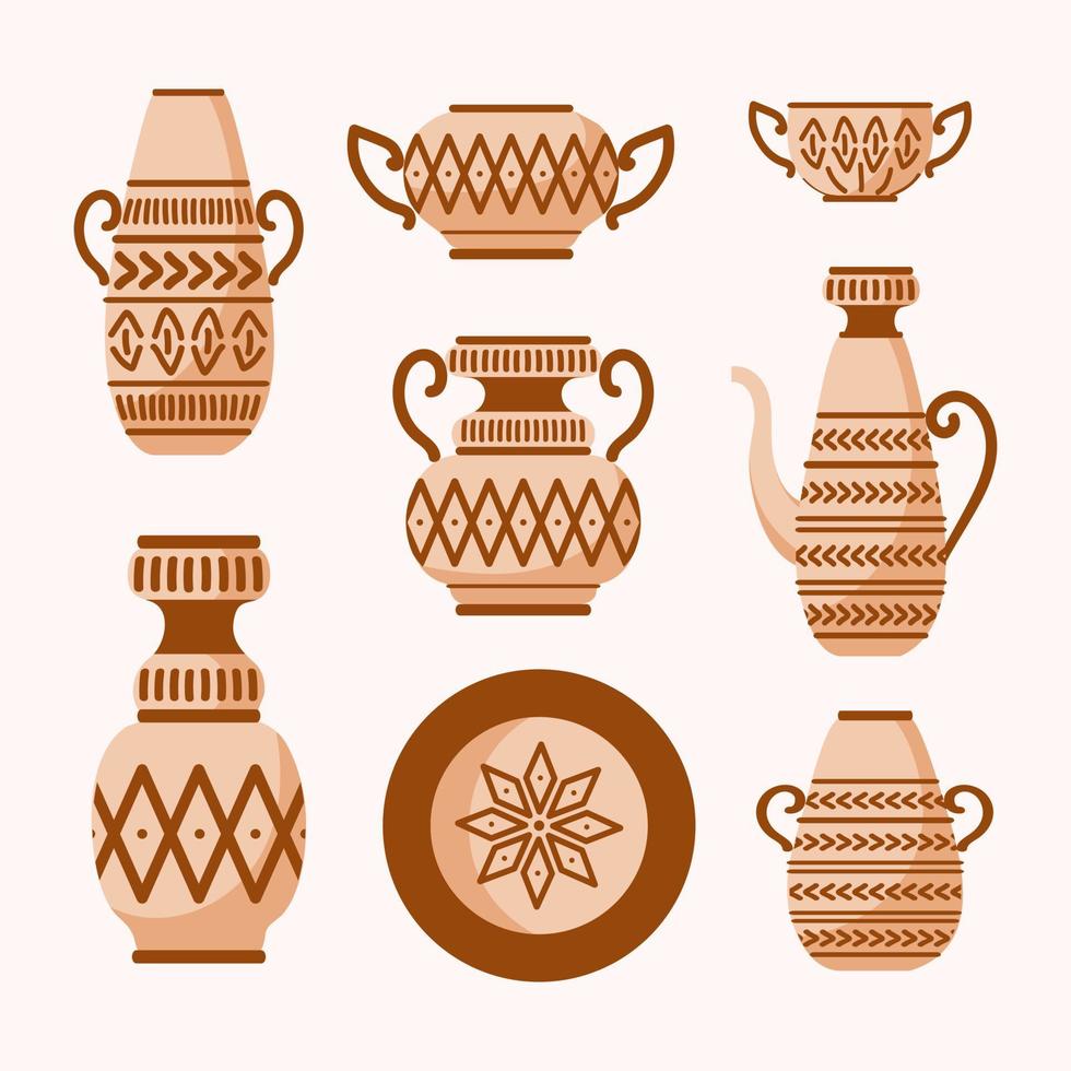 Set of antique archaeological artefacts. Greek amphoras, vases, plate, pots and bowl with ethnic patterns. Handmade ceramics. For stickers, posters, postcards, design elements vector