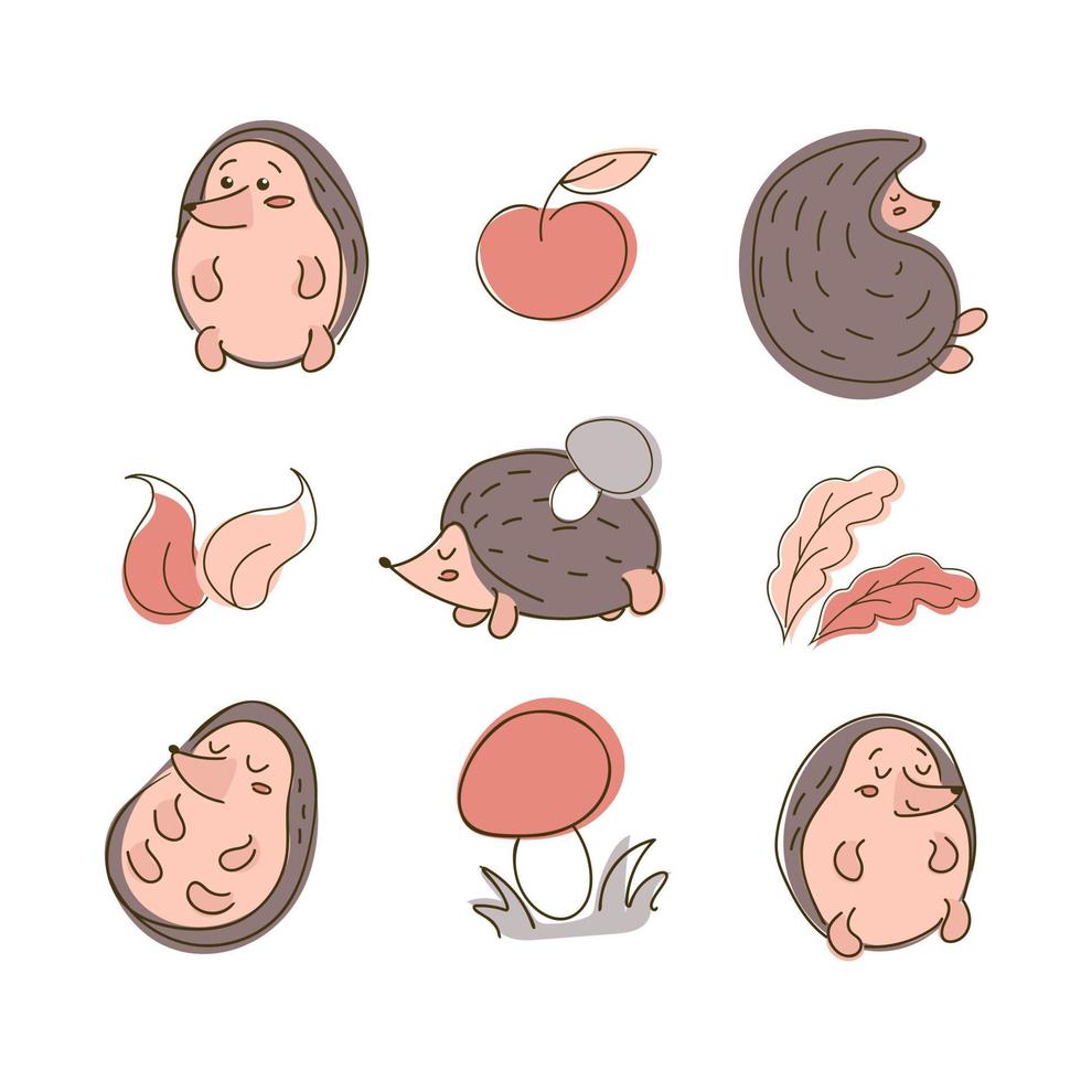 Cute autumn set with hedgehogs, leaves, apple and mushrooms on white background. In trendy earthy shades. For stickers, posters, postcards, design elements vector
