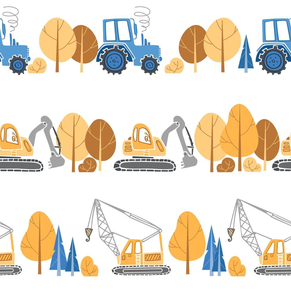 Childrens construction machinery pattern. Cartoon illustration scandinavian style. Transport machine excavator, tractor crane drives along the road. For nursery, wallpaper, printing fabric, wrapping. vector
