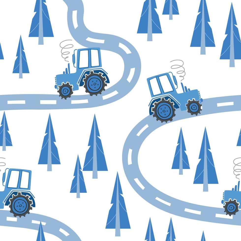 Construction machinery seamless pattern. Cartoon illustrations for boys in Scandinavian style. Tractor drives along the road in a spruce forest. For nursery, wallpaper, printing on fabric, wrapping vector