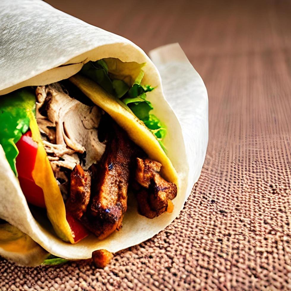 Shawarma. Doner kebab, fresh vegetables and meat. Kebab sandwich close up. photo