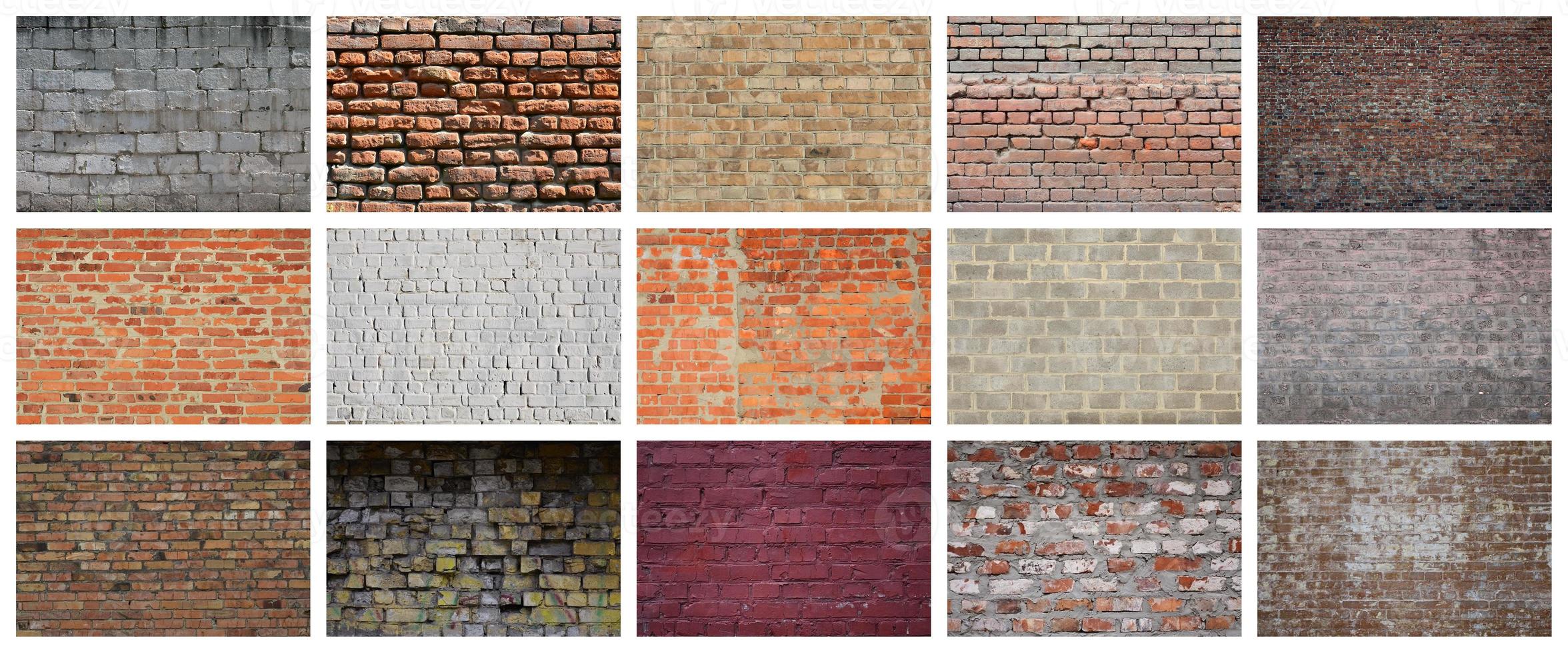 A collage of many pictures with fragments of brick walls of different colors close-up. Set of images with varieties of brickwork photo