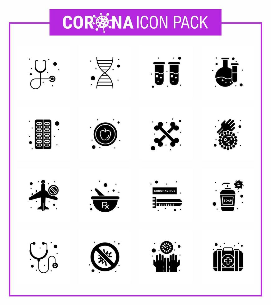 Corona virus 2019 and 2020 epidemic 16 Solid Glyph Black icon pack such as apple medical test tube capsule laboratory viral coronavirus 2019nov disease Vector Design Elements