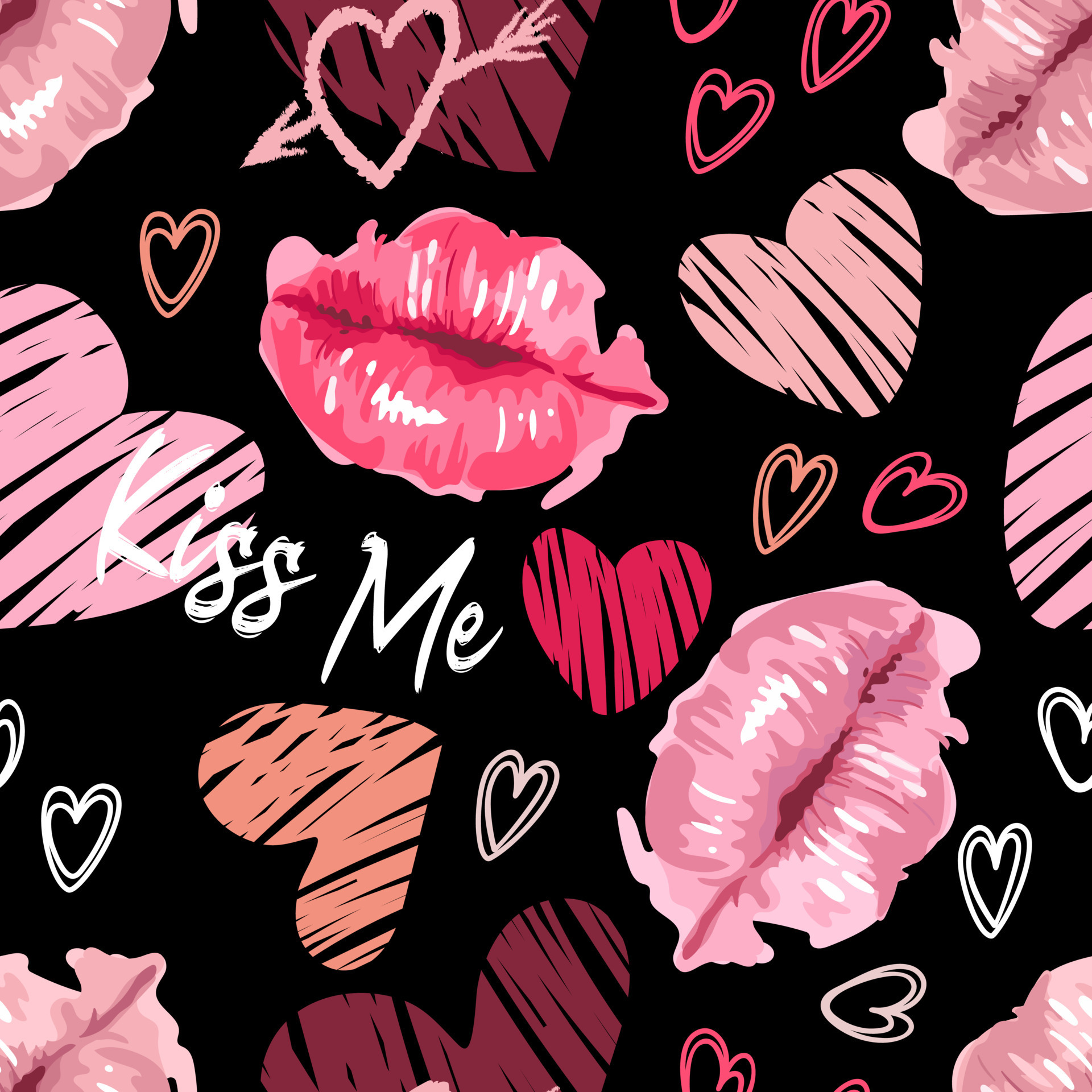 Lips in a watercolor style, hearts lettering kiss me. Daring bright  youthful pattern, graffiti. On a black background. For wallpaper, printing  on fabric, wrapping, background. 14898823 Vector Art at Vecteezy