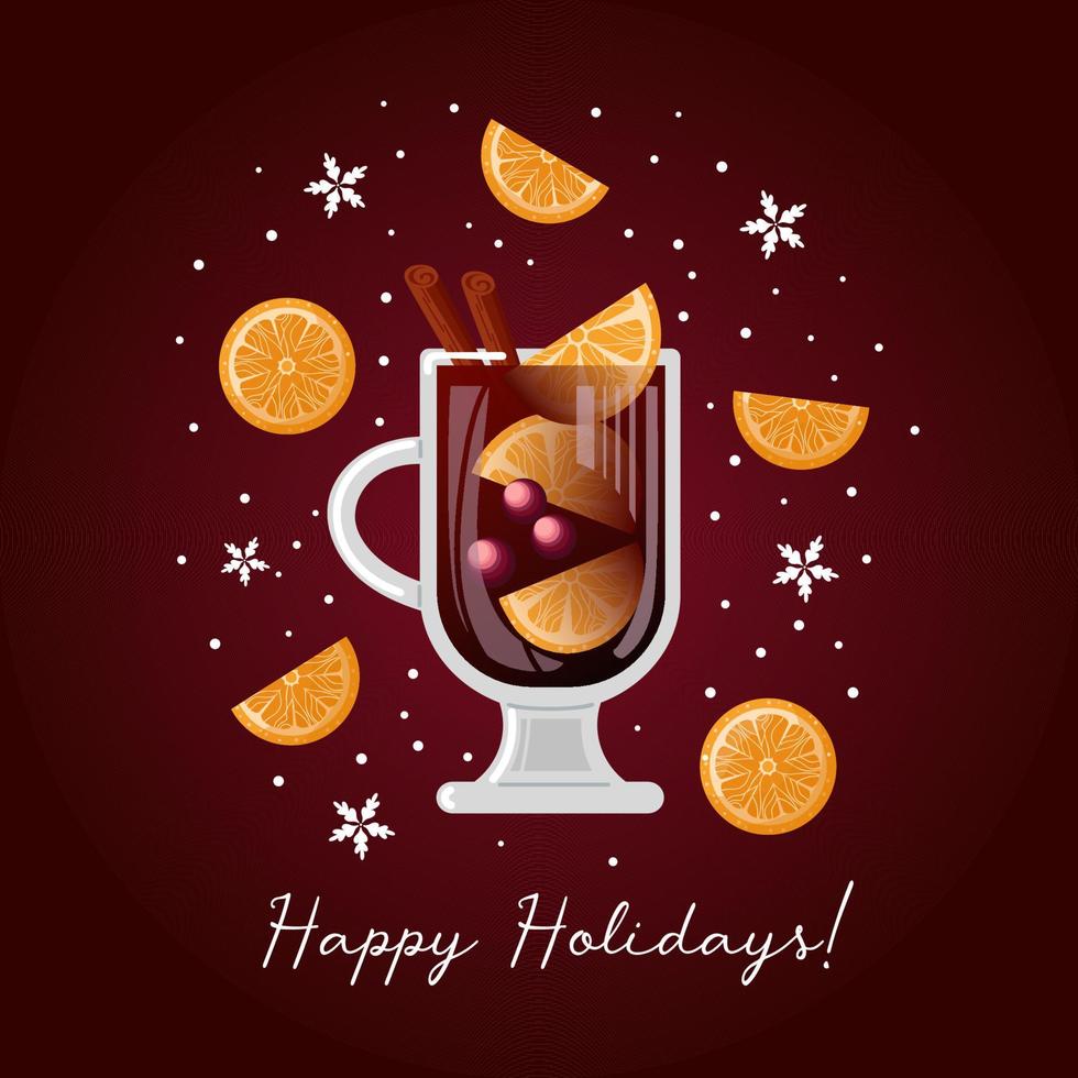 Winter drinks. Mulled wine with orange slices, cranberries and cinnamon sticks. Snowflakes. Vector food illustration for menu, cafe, postcard, poster, sticker.