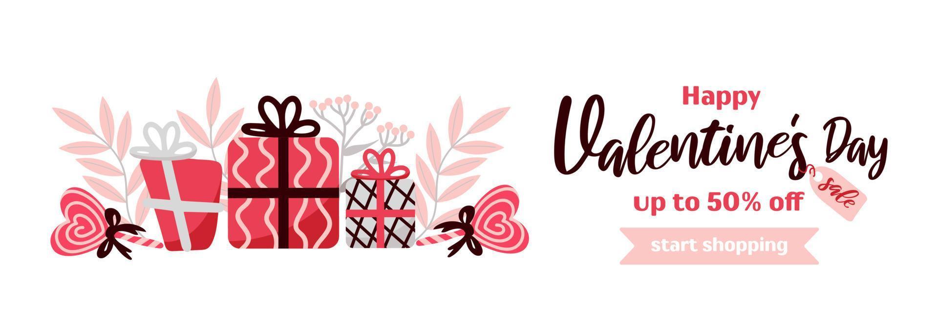 Happy Valentines Day sale. Bright horizontal banner in cartoon style, pink - gray tones. Lollipop, hearts, gifts, leaves. For advertising banner, poster, flyer. vector