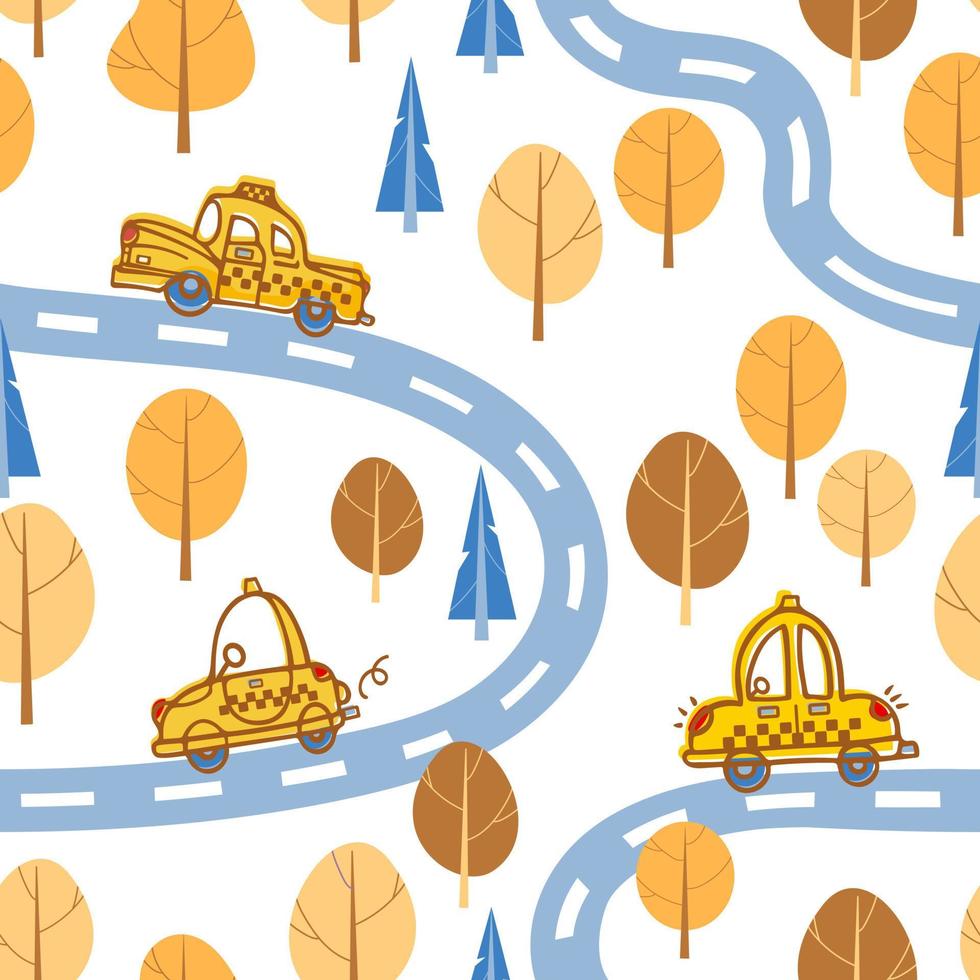 Cute cartoon yellow retro taxi drives along the road in the autumn wood. Childrens cartoon illustration scandinavian style. For boys, nursery, wallpaper, printing fabric, wrapping vector