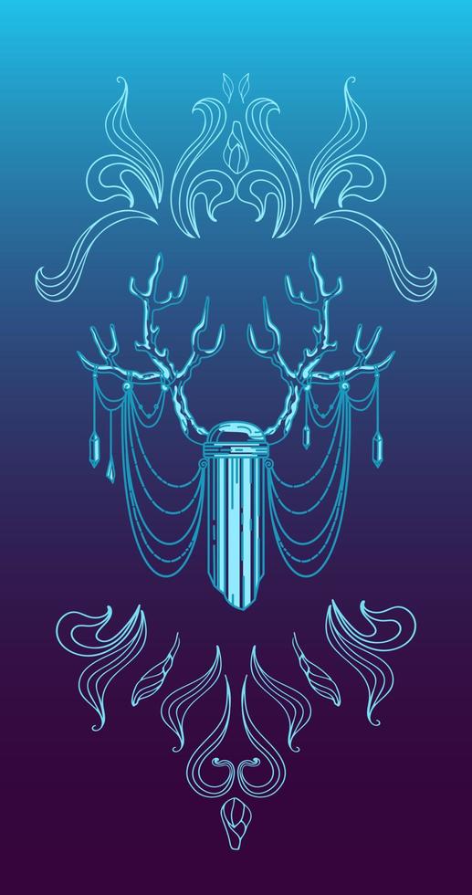 Deer antlers, crystal, floral motifs, phases of the moon. Vector illustration in boho style. Halloween, magic, witchcraft, astrology, mysticism. For logo, posters, cards, banners, fabric printing.