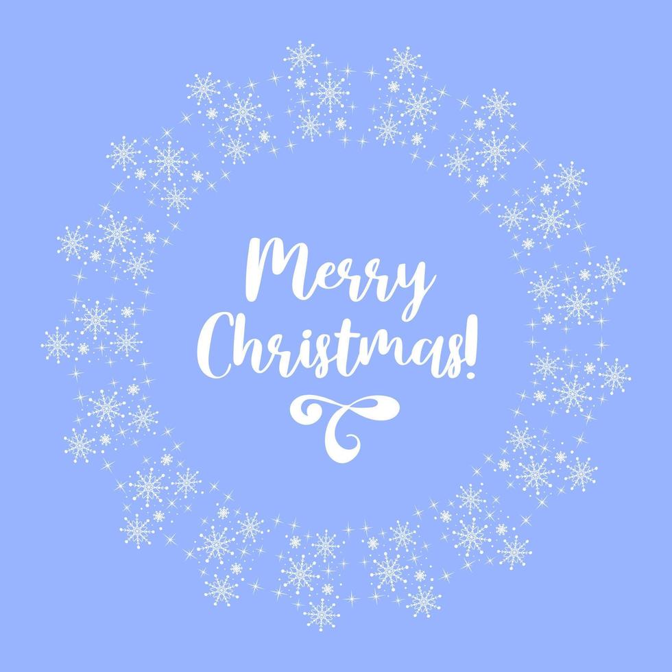 Merry Christmas. Round frame of geometric snowflakes. Frosty pattern on glass. Vintage font. For posters, postcards, banners, design elements, printing on fabric. vector