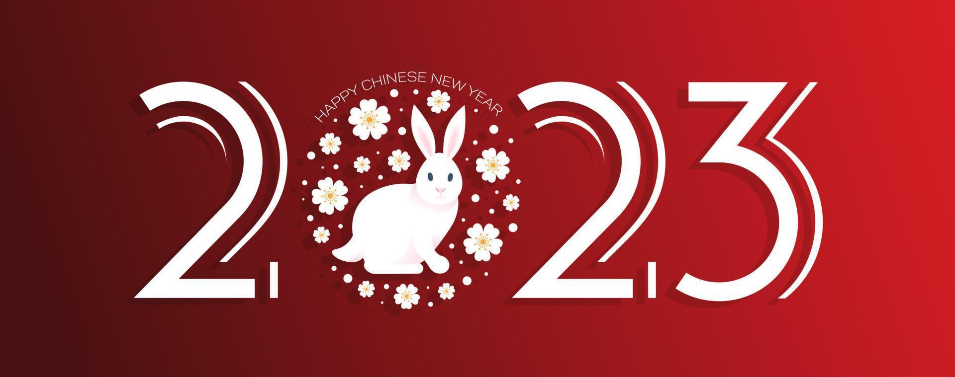 Rabbits, happy Chinese New Year 2023. Bright vector banner. Sakura flowers, red background. Asian style. Vintage font. for poster, banner, flyer, advertisement.