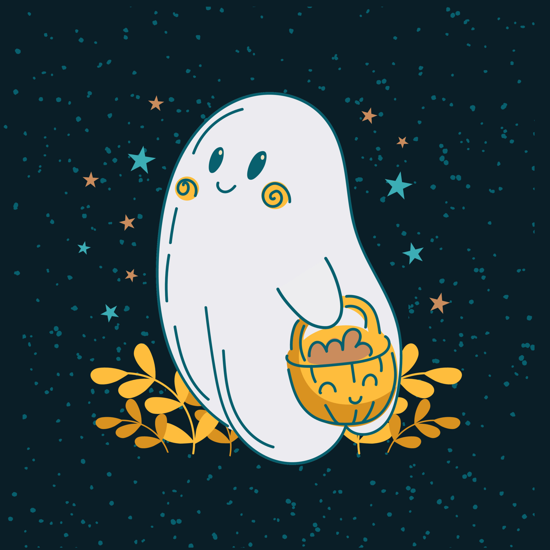 Cute baby ghost goes begging for candy for Halloween. jack o lantern