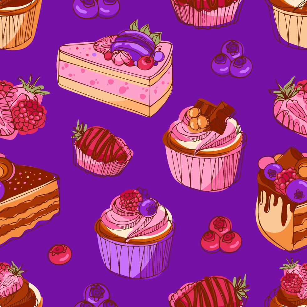 apetitosos cupcakes y pasteles con chocolate, bayas y caramelo. Ilustración de vector brillante de patrón moderno en estilo boceto. para papel tapiz, impresión en tela, envoltura, fondo, libros de cocina, menús.