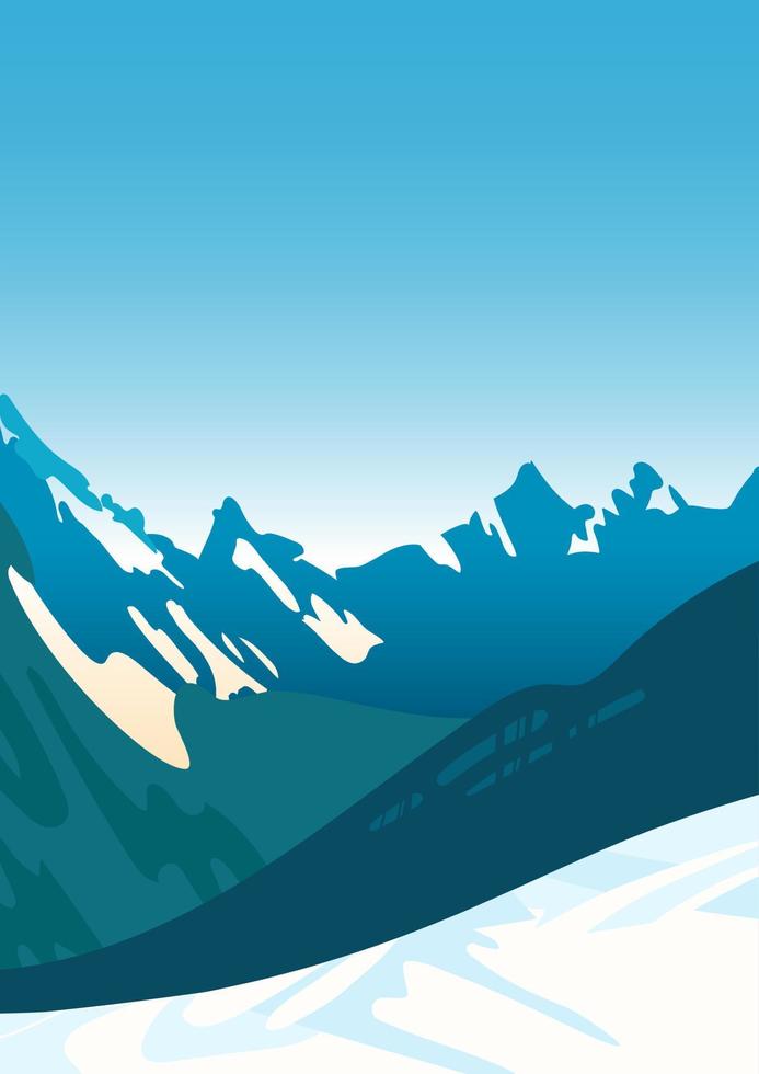 Snow-covered mountain ranges, blue sky. Bright winter landscape. Winter sports. Snowboarding, ski resort. For posters, postcards, banners, website. vector