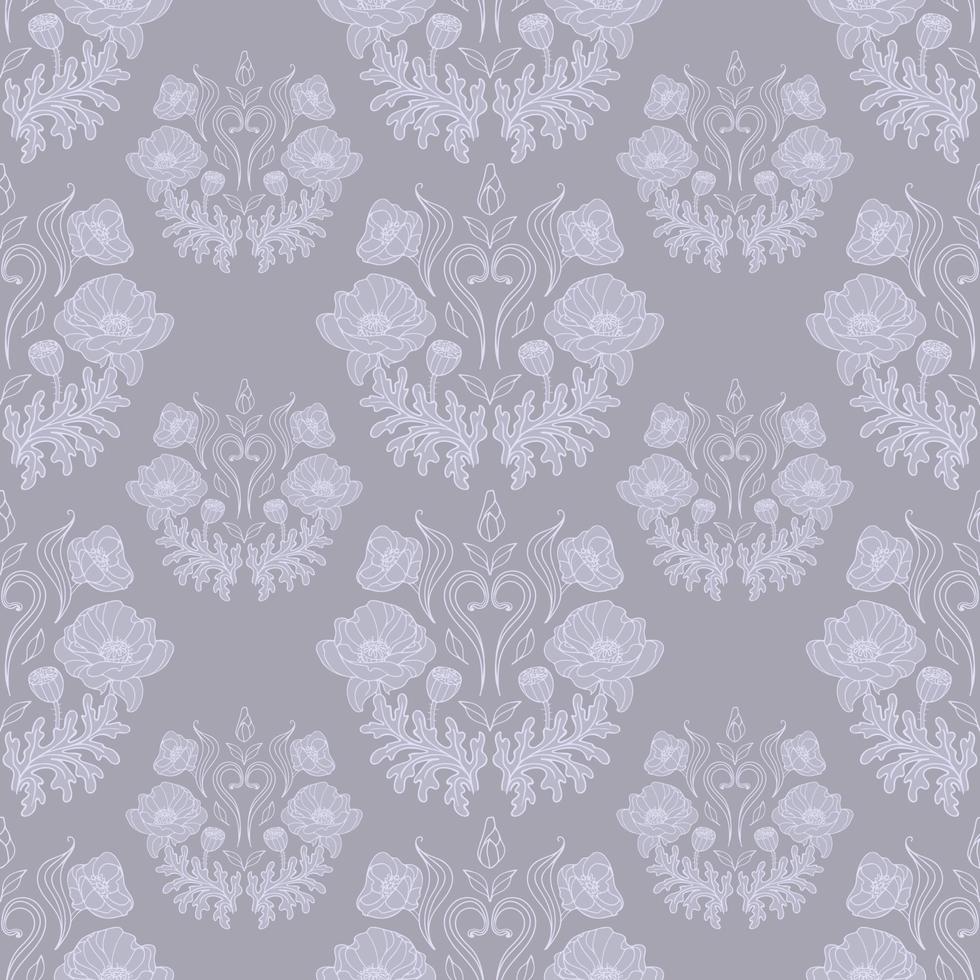 Vintage seamless pattern beautiful poppy bouquets on a Gray background. Rococo style. Botanical illustration for wallpaper, fabric print, packaging. vector