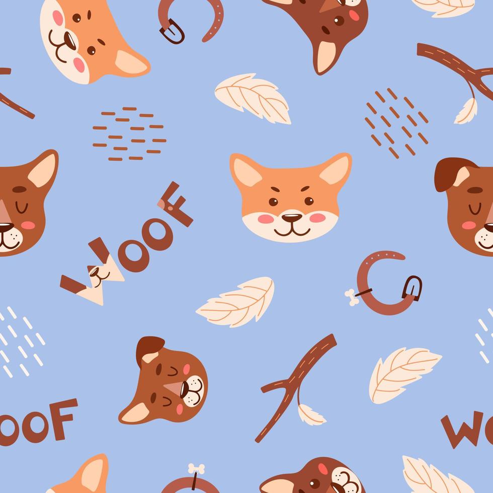 Bright childish pattern. Cute puppies, twigs and leaves, leash, lettering on a blue background. Vector illustration for nursery, printing on fabric, packaging, baby products