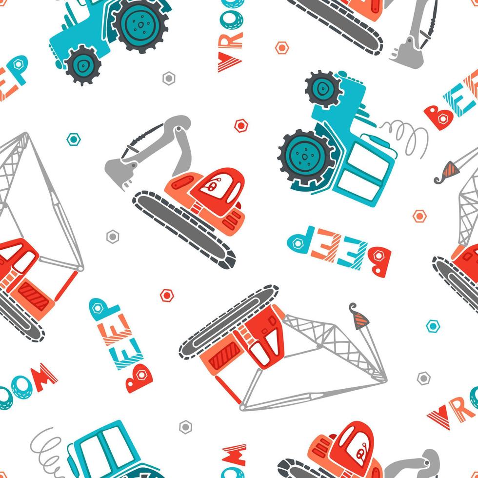 Childrens construction machinery seamless pattern. Cartoon illustration for boys in a scandinavian style. Transport machine excavator, tractor crane. For nursery, wallpaper, printing fabric, wrapping. vector