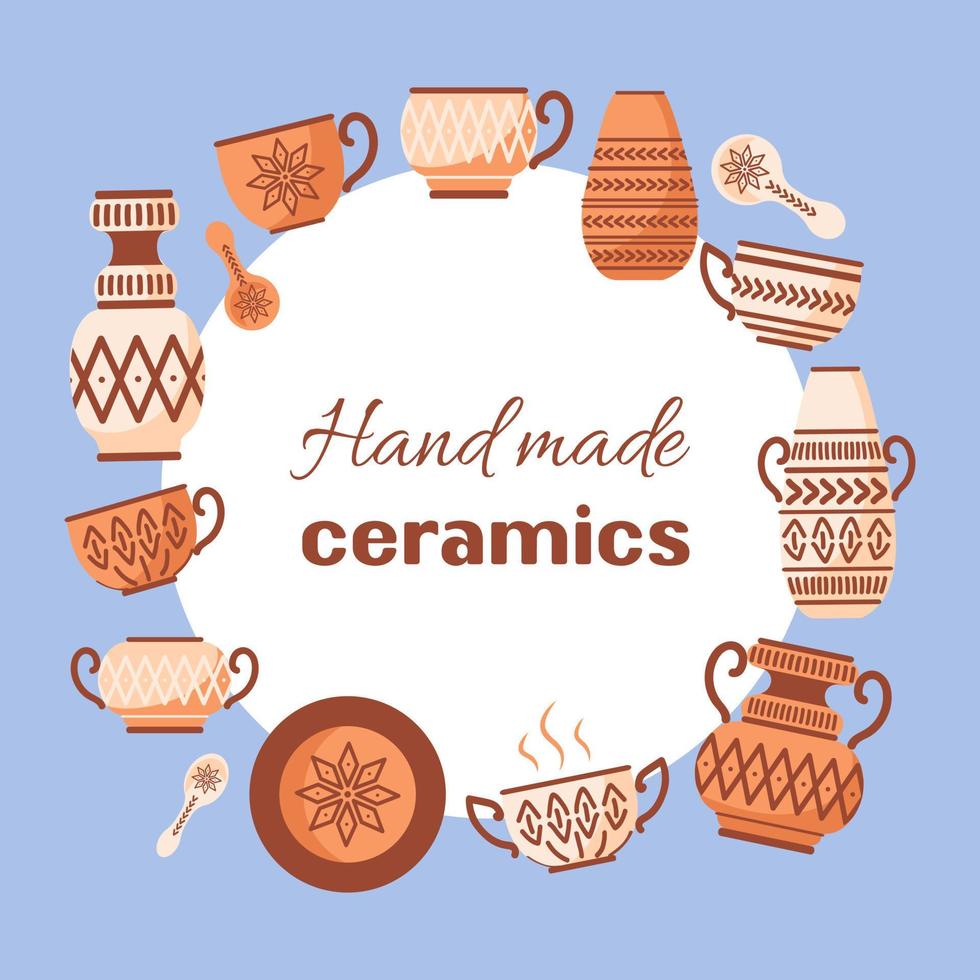 Handmade ceramics. Bright set of ceramic dishes with ethnic ornaments. amphoras, vases, plate, spoon, pots and bowl with ethnic patterns. For business cards, posters, postcards, design elements. vector