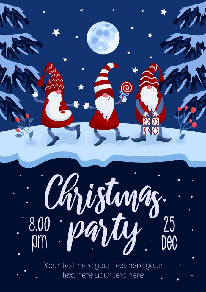 Merry Christmas party flyer. Bright vector illustration icartoon style in blue and red colors. Gnomes in caps, candy canes, gifts, winter rose hips, holly. For advertising banner, poster, flyer