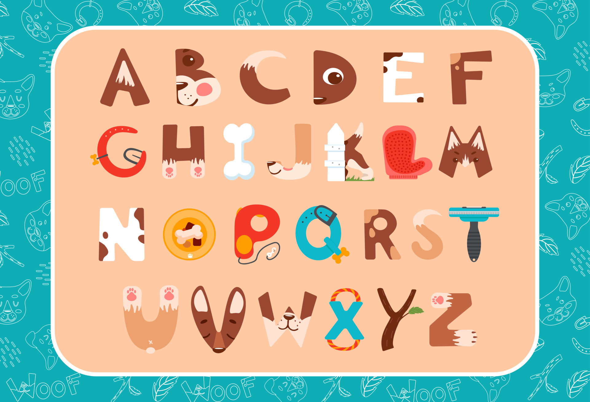Puppy alphabet. Letters with dog muzzles, paws, toys and care items