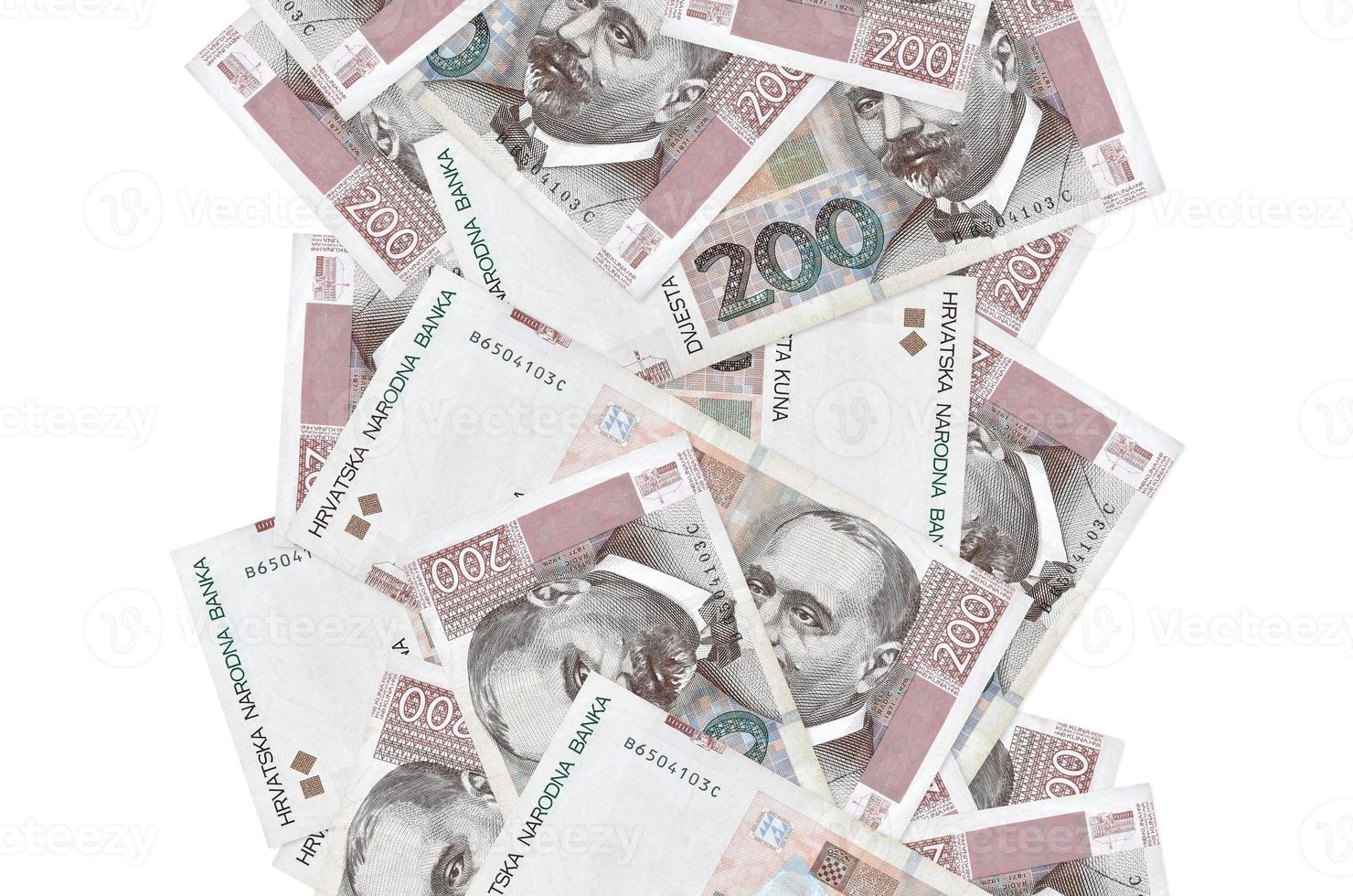 200 Croatian kuna bills flying down isolated on white. Many banknotes falling with white copyspace on left and right side photo