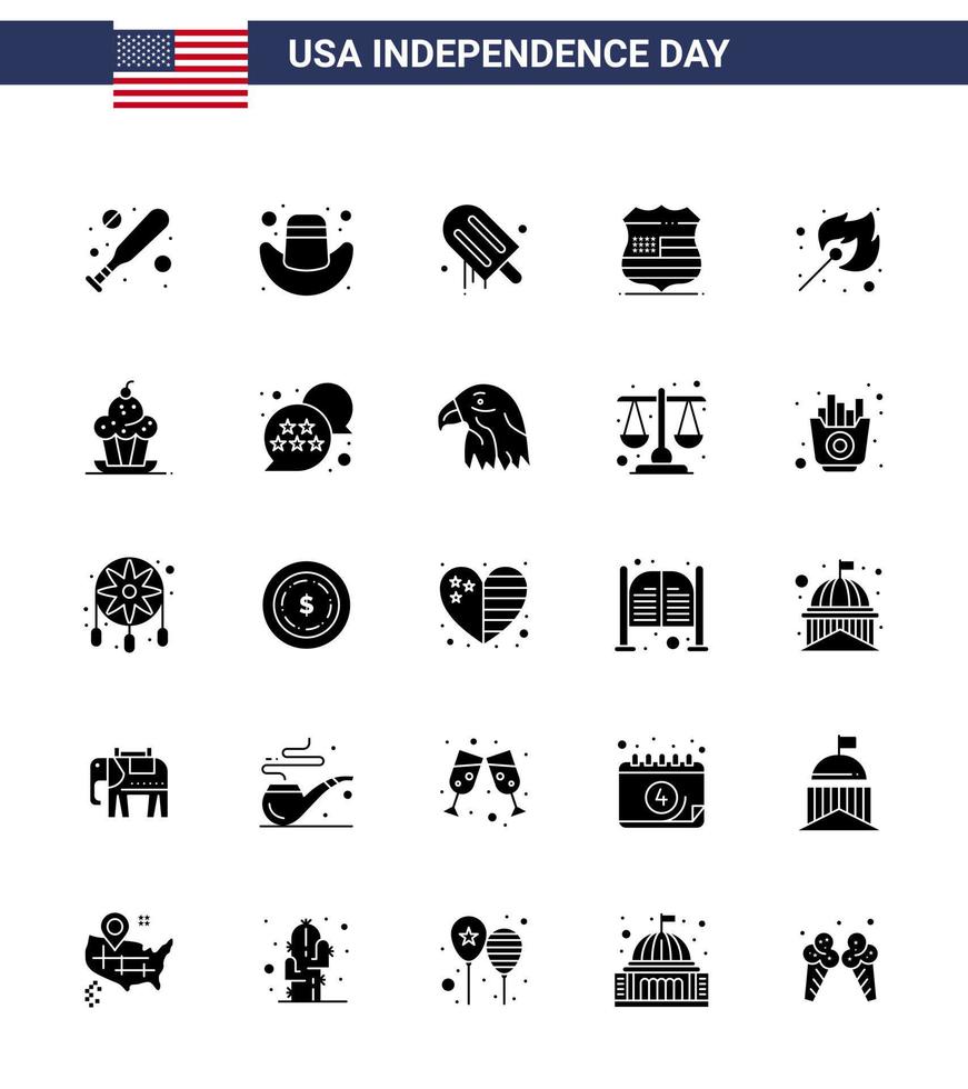 Set of 25 Vector Solid Glyph on 4th July USA Independence Day such as outdoor fire american camping usa Editable USA Day Vector Design Elements