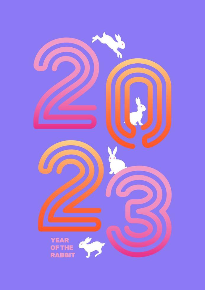 conejos, símbolo del año nuevo chino 2023, saltan sobre los números. banner vectorial brillante en colores neón de los años 90, estilo asiático. pascua, primavera. para afiches, pancartas, volantes, publicidad vector