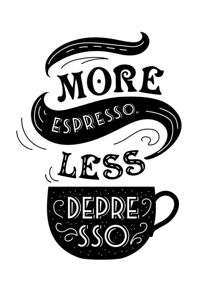International Coffee Day. Silhouette cups with hot drink, steam clouds. vintage lettering. Espresso beats depression. For cafes, shops, menus, posters, postcards, banners. vector