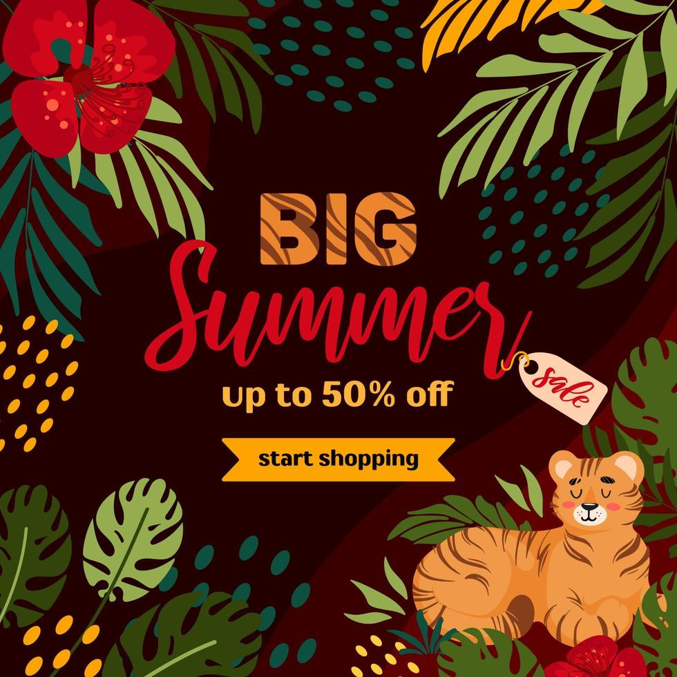 Bright summer sale square banner. Tiger, tropical leaves and flowers. In red-green colors on a dark background. For advertising banner, website, sale flyer. vector