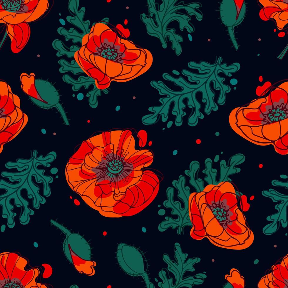 flores y hojas de amapola contrastantes sobre un fondo oscuro. patrón dramático brillante. en colores negro y rojo. ilustración botánica para papel tapiz, impresión de telas, embalaje vector