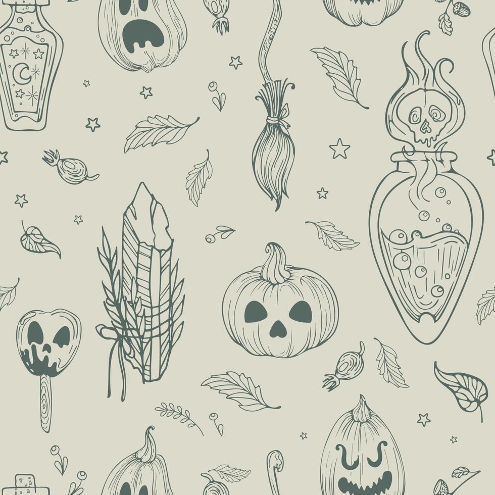 Vector seamless pattern cute illustration graphic drawing vintage style for Halloween. Pumpkin jack lantern. Magic crystals, witch potions. For wallpaper, printing on fabric, wrapping