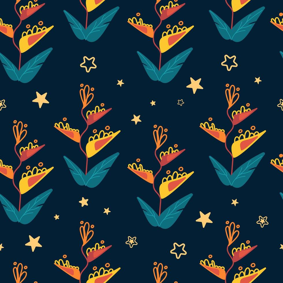 Bright vector seamless tropical pattern with strelitzia flower leaves and stars on a dark background. South night. For printing on fabric, clothing, wallpaper, banner background.