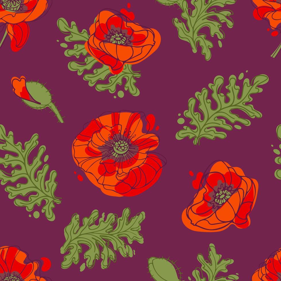 Poppy flowers and leaves on a purple background. Bright summer pattern. In warm colors. Botanical illustration for wallpaper, background, fabric, wrapping vector