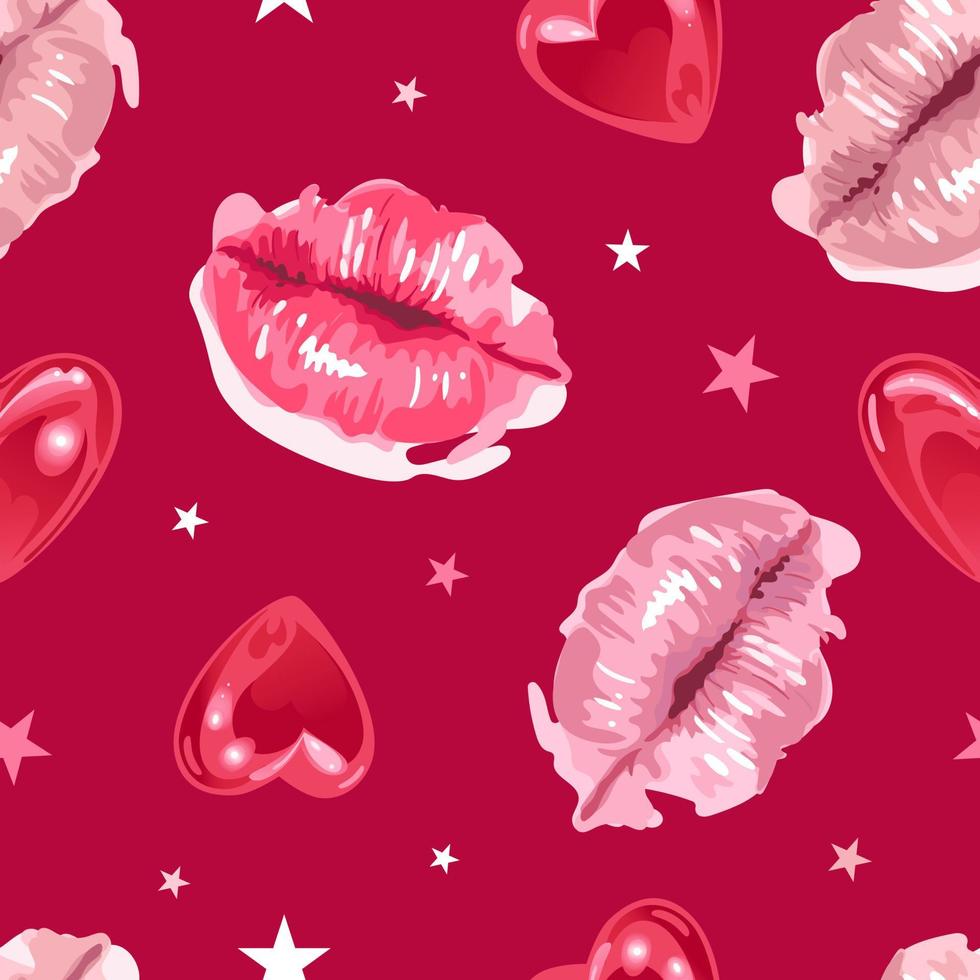 Valentines Day. Glossy lips in a watercolor style and shining balloons in the shape of a heart, a star. Bright seamless pattern. For wallpaper, printing on fabric, wrapping, background vector