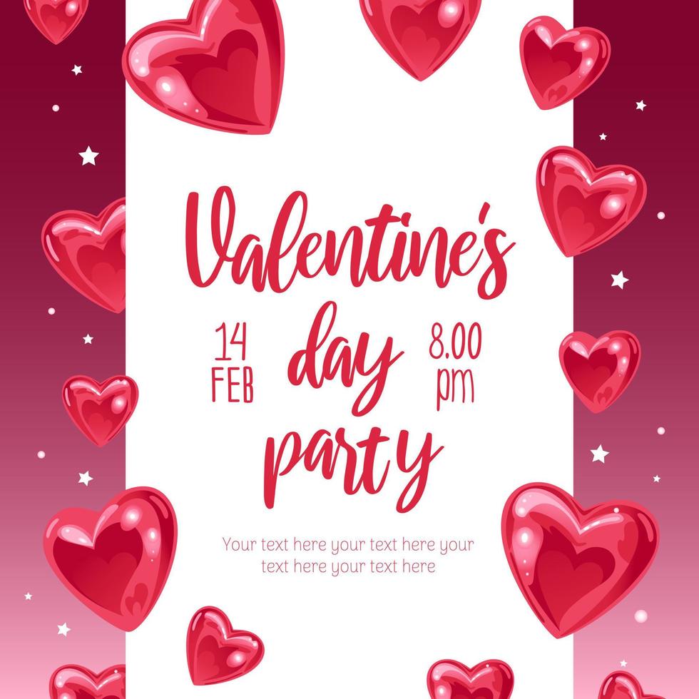 Valentines day, party invitation. Bright banner with shiny sweet heart-shaped baloon helium. For advertising banner, website, poster, flyer. vector