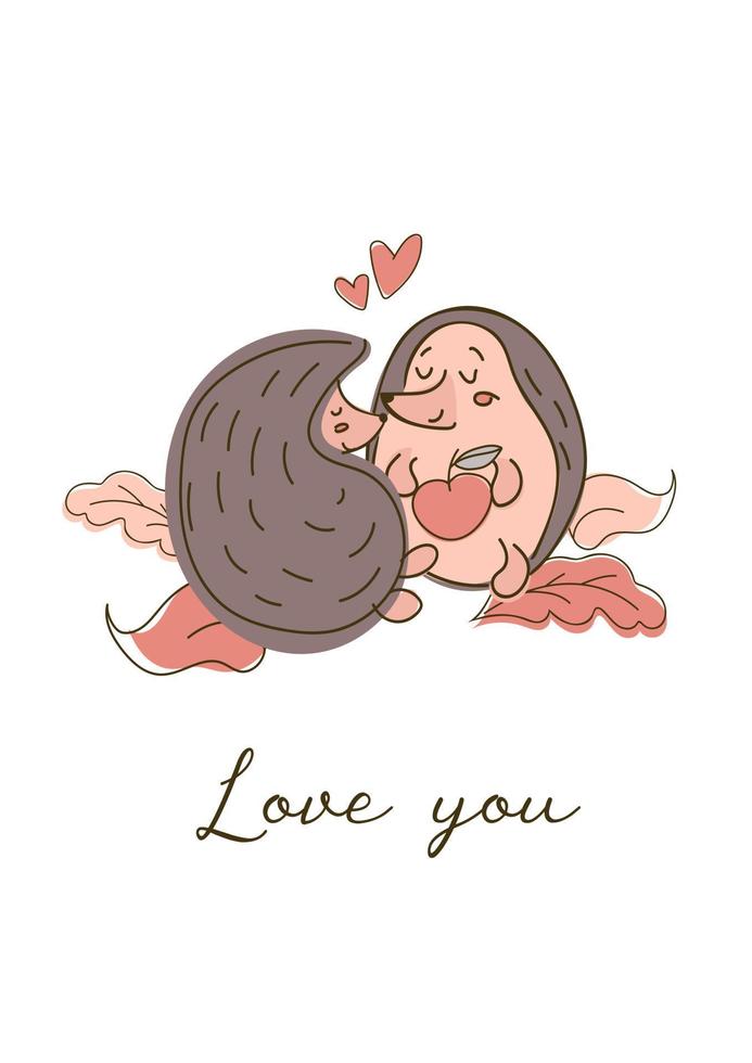 el erizo le da una manzana a su novia. linda ilustración vectorial, día de san valentín. concepto animal pareja de amantes. corazones, letras. te amo. para postales, carteles, impresión en ropa vector