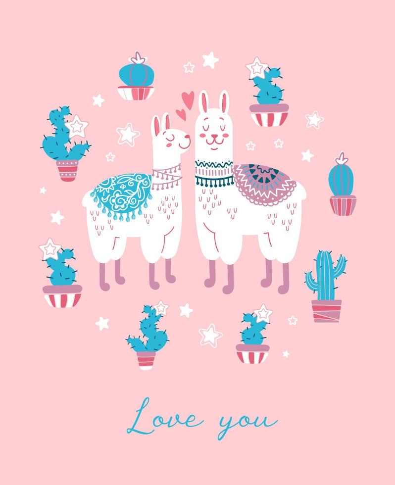 Cute vector illustration for valentines day. Animalistic concept Couple of lovers. Hearts, llamas, lettering. Love you. For postcards, posters, printing on clothes. In a flat style