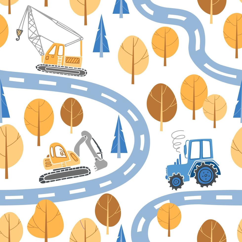Childrens construction machinery pattern. Cartoon illustration scandinavian style. Transport machine excavator, tractor crane drives along the road. For nursery, wallpaper, printing fabric, wrapping. vector